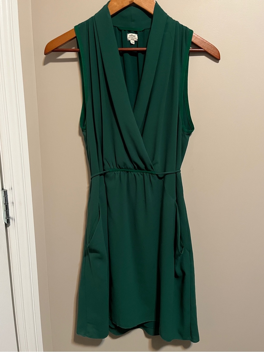 Wilfred Sabine Pine Green Sleeveless Faux-Wrap Mini Dress, size S